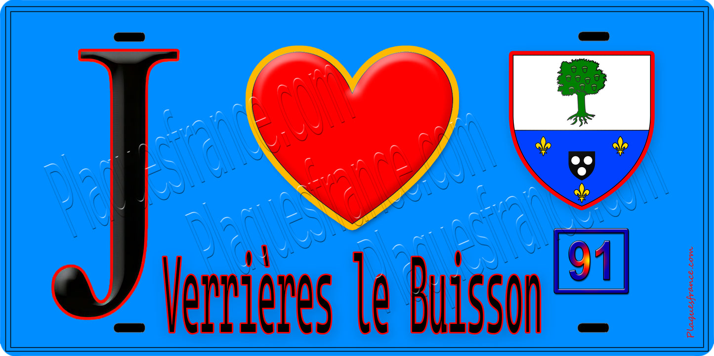 Plaque métal décorative  J' ❤️Verrières-le-Buisson, Essonne (91) fond bleu
