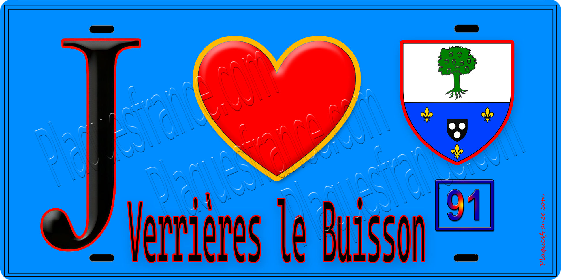 Plaque métal décorative  J' ❤️Verrières-le-Buisson, Essonne (91) fond bleu