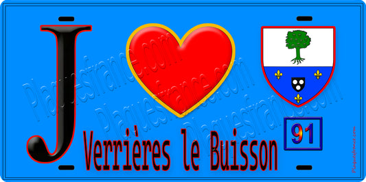 Plaque métal décorative  J' ❤️Verrières-le-Buisson, Essonne (91) fond bleu