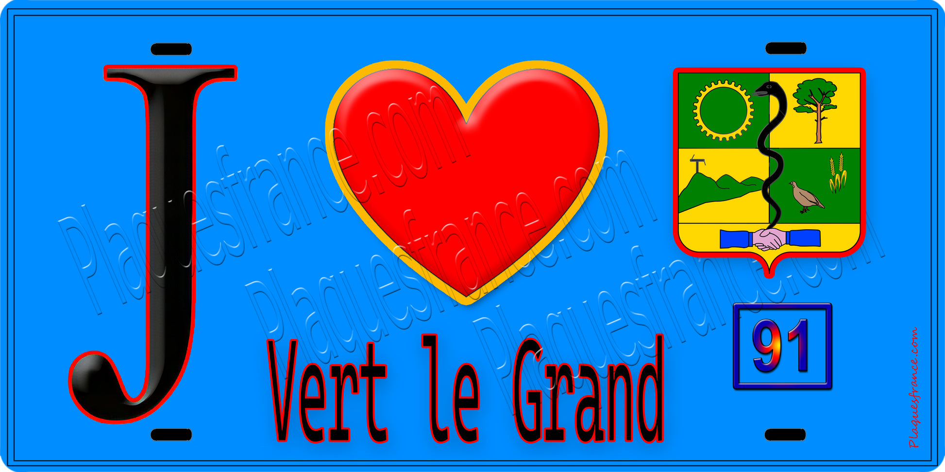Plaque métal décorative  J' ❤️Vert-le-Grand, Essonne (91) fond carte