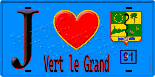 Plaque métal décorative  J' ❤️Vert-le-Grand, Essonne (91) fond carte