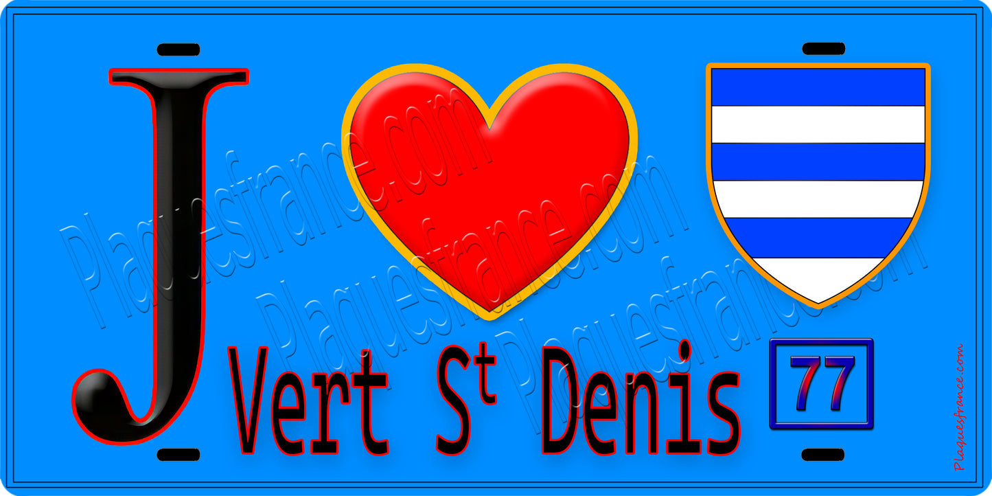 Plaque métal décorative  J' ❤️Vert-Saint-Denis, Seine et Marne (77) fond bleu