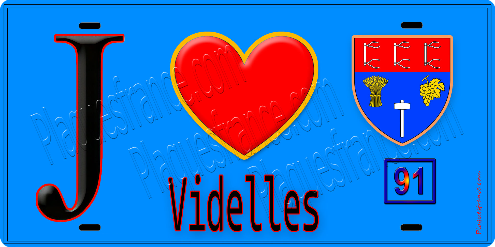 Plaque métal décorative  J' ❤️Videlles, Essonne (91) fond bleu