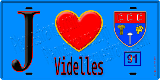 Plaque métal décorative  J' ❤️Videlles, Essonne (91) fond bleu