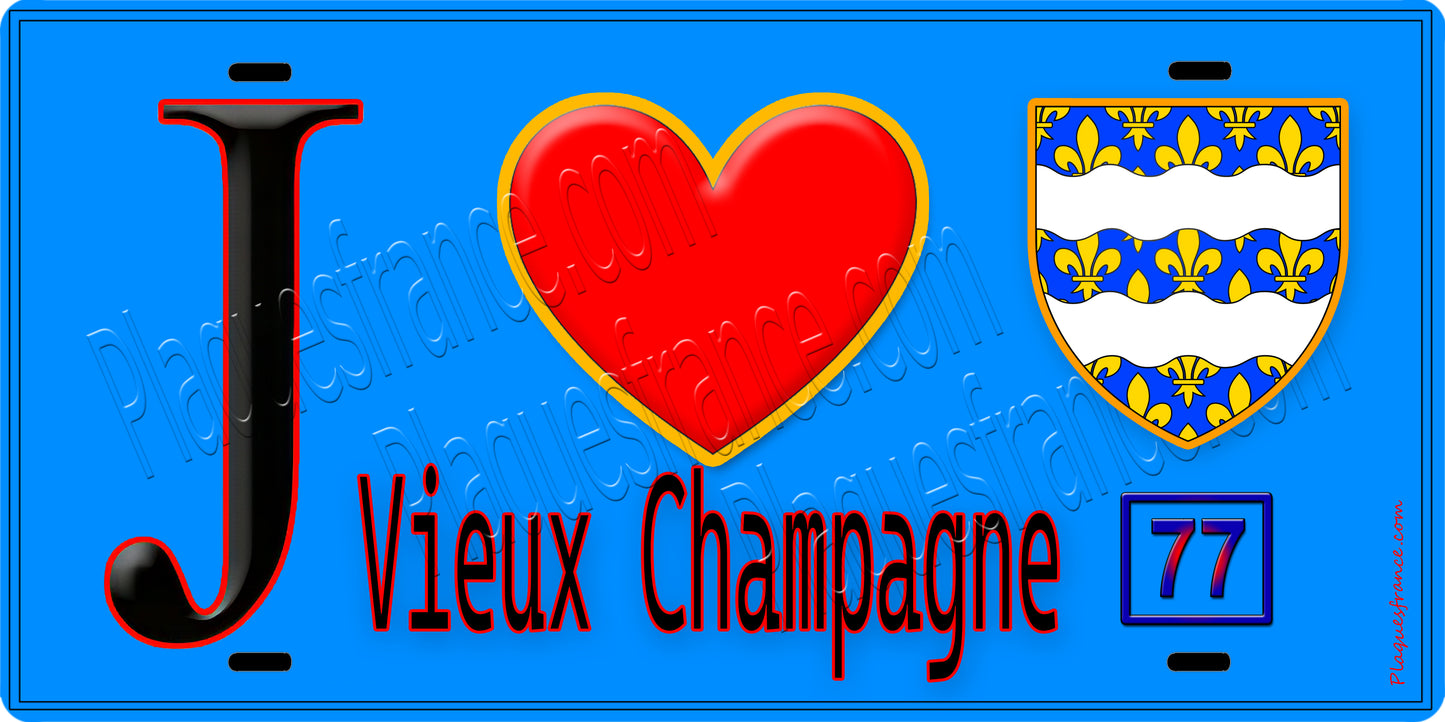 Plaque métal décorative  J' ❤️Vieux-Champagne, Seine et Marne (77) fond bleu