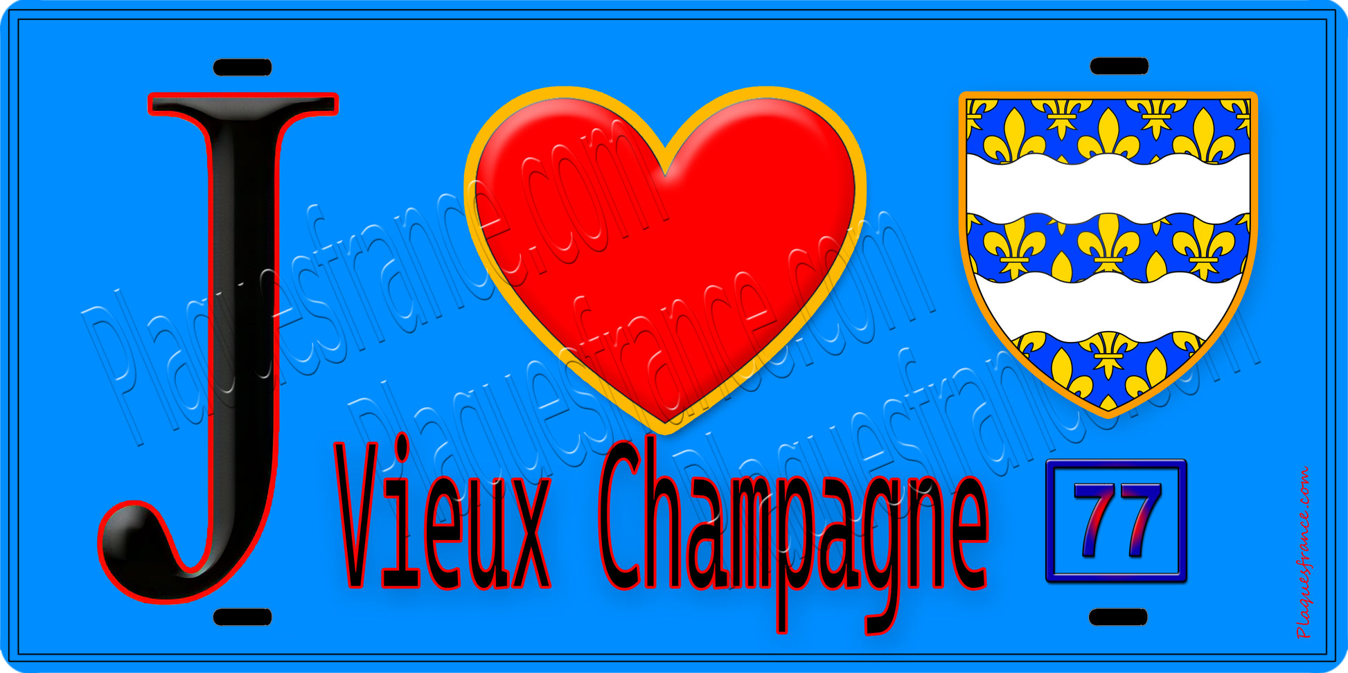 Plaque métal décorative  J' ❤️Vieux-Champagne, Seine et Marne (77) fond bleu