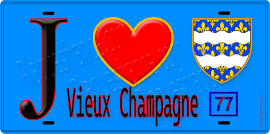Plaque métal décorative  J' ❤️Vieux-Champagne, Seine et Marne (77) fond bleu