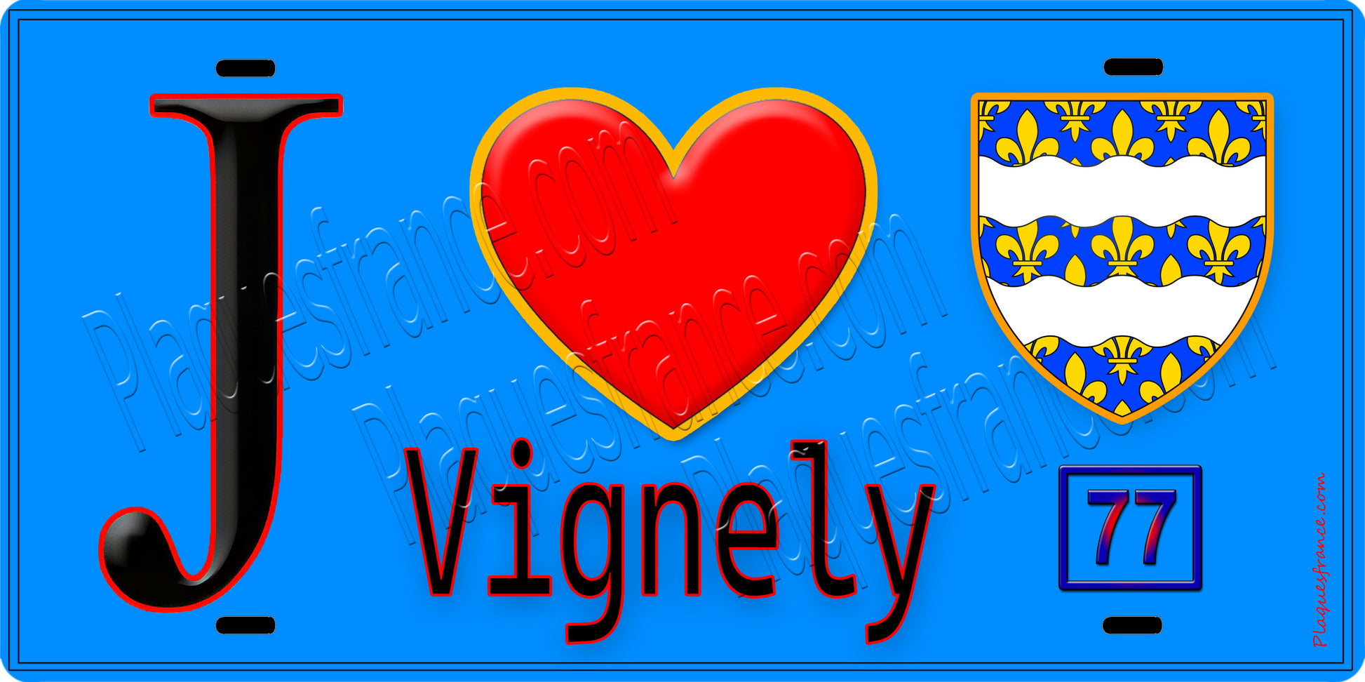 Plaque métal décorative  J' ❤️Vignely, Seine et Marne (77) fond bleu