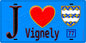 Plaque métal décorative  J' ❤️Vignely, Seine et Marne (77) fond bleu
