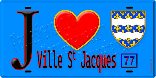Plaque métal décorative  J' ❤️Ville-Saint-Jacques, Seine et Marne (77) fond bleu