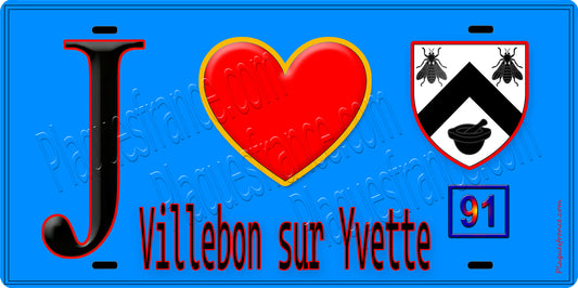Plaque métal décorative  J' ❤️Villebon-sur-Yvette, Essonne (91) fond bleu