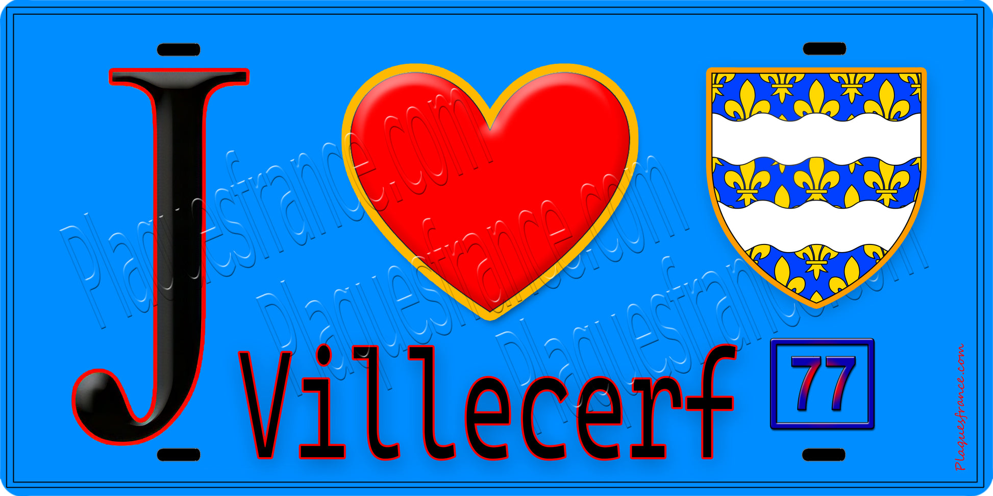 Plaque métal décorative  J' ❤️Villecerf, Seine et Marne (77) fond bleu