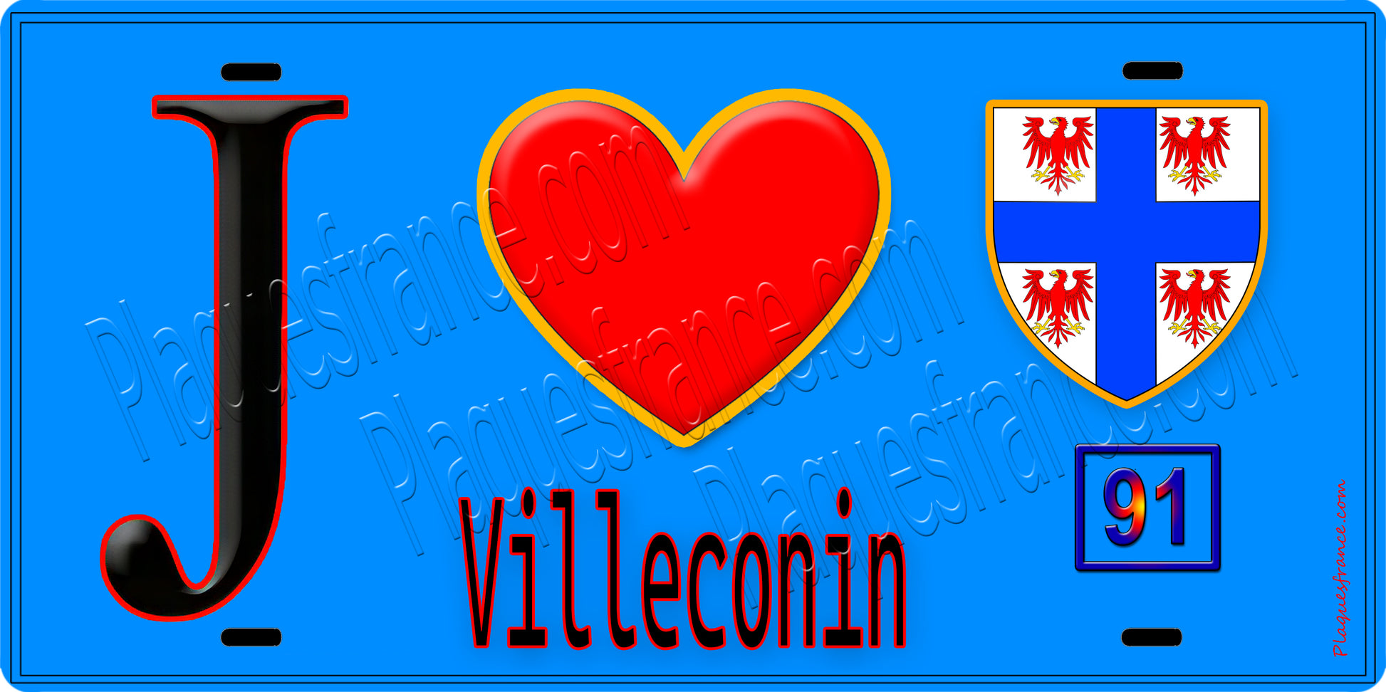 Plaque métal décorative  J' ❤️Villeconin, Essonne (91) fond bleu