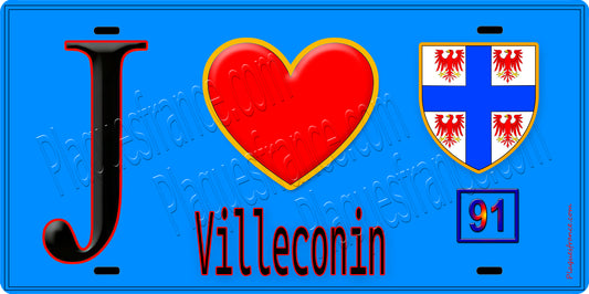 Plaque métal décorative  J' ❤️Villeconin, Essonne (91) fond bleu