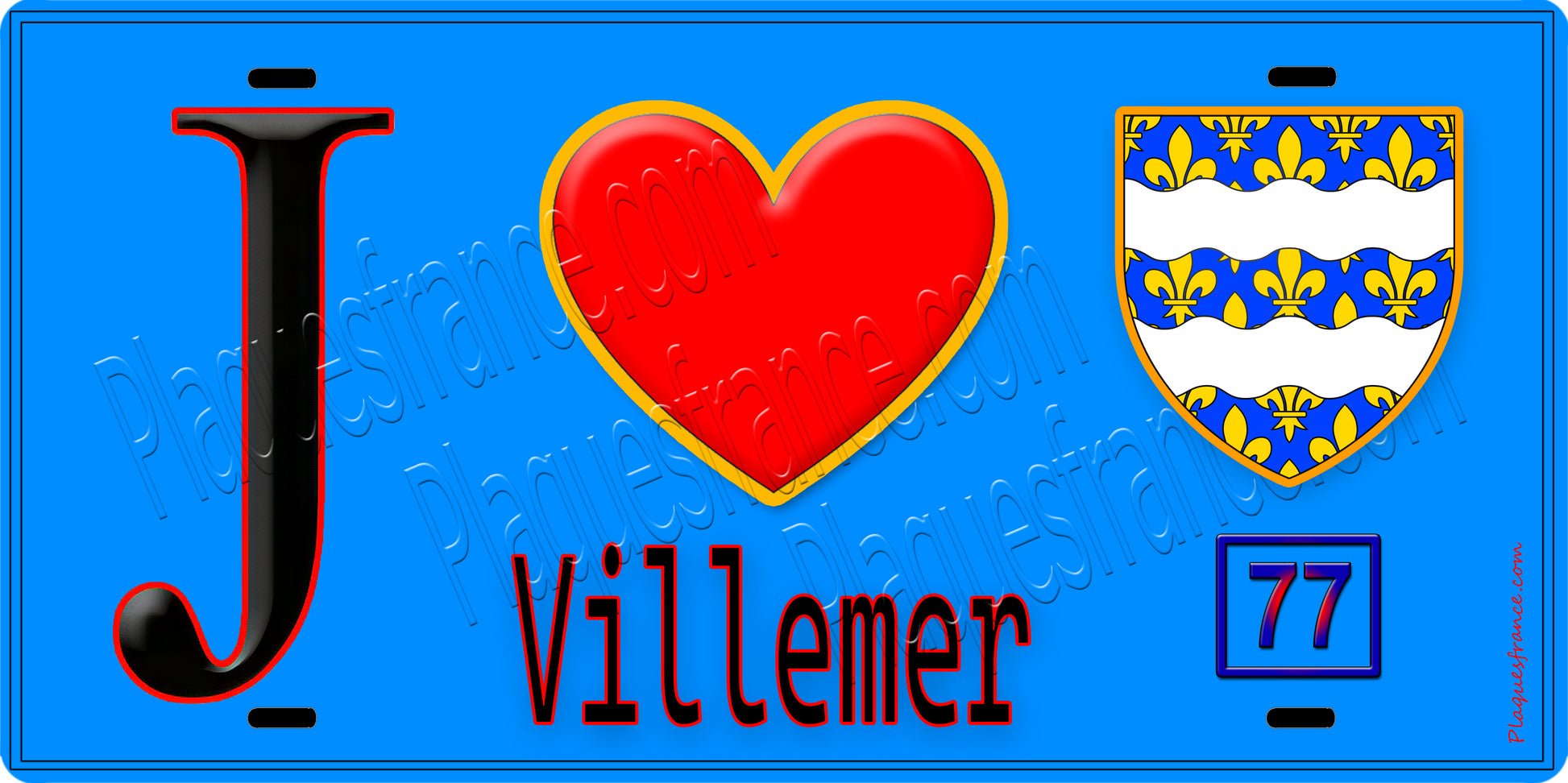Plaque métal décorative  J' ❤️Villemer, Seine et Marne (77) fond bleu