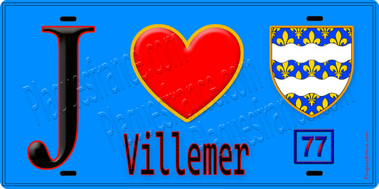 Plaque métal décorative  J' ❤️Villemer, Seine et Marne (77) fond bleu