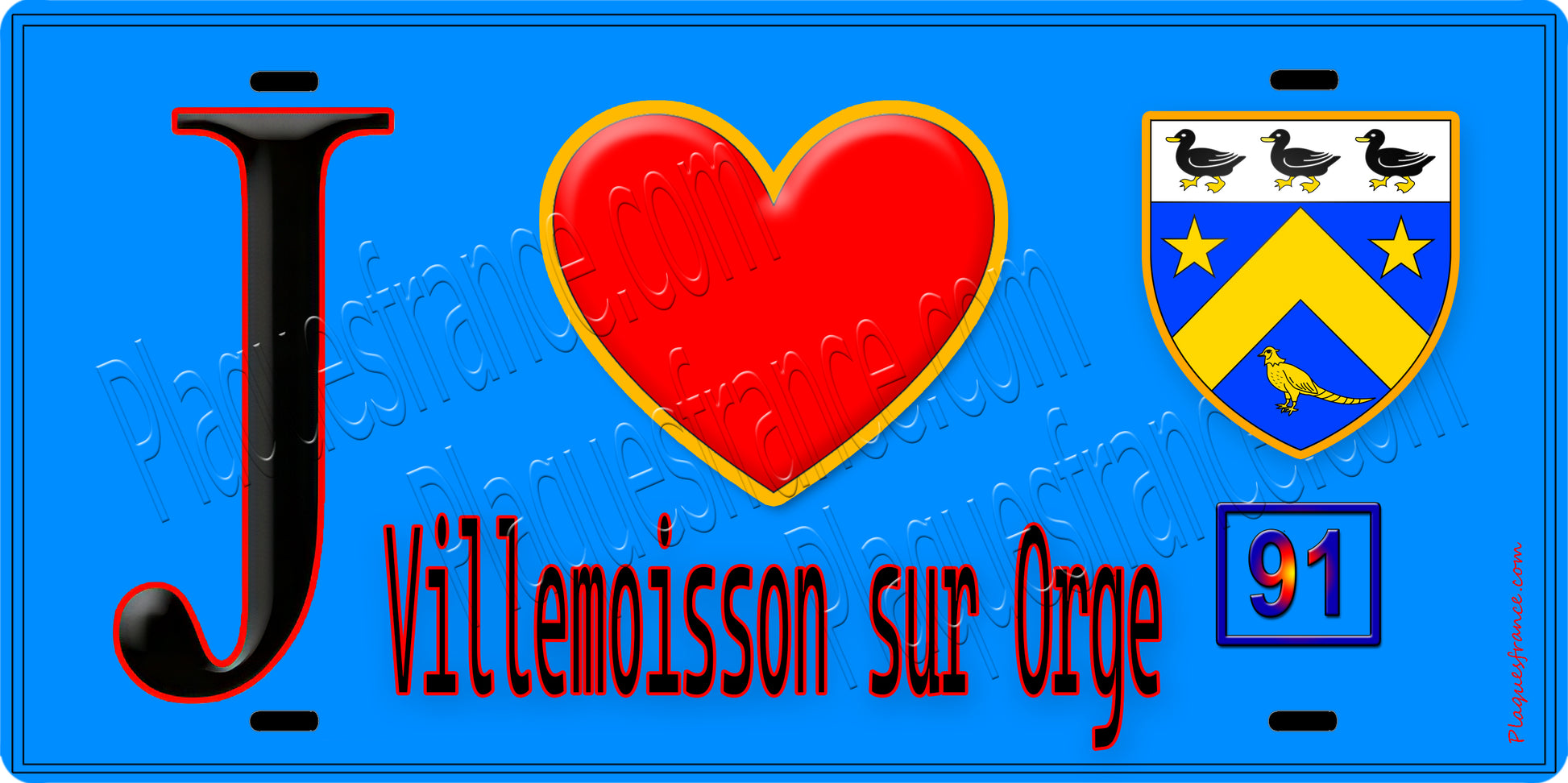 Plaque métal décorative  J' ❤️Villemoisson-sur-Orge, Essonne (91) fond bleu