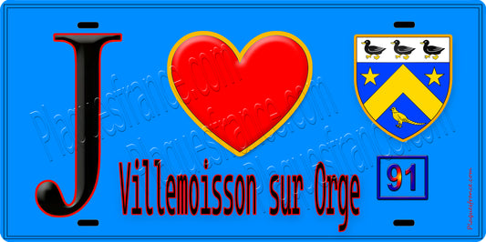 Plaque métal décorative  J' ❤️Villemoisson-sur-Orge, Essonne (91) fond bleu