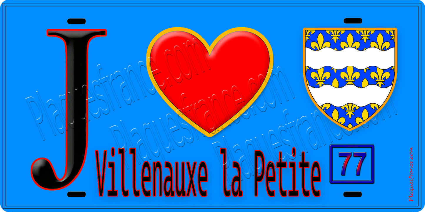 Plaque métal décorative  J' ❤️Villenauxe-la-Petite, Seine et Marne (77) fond bleu
