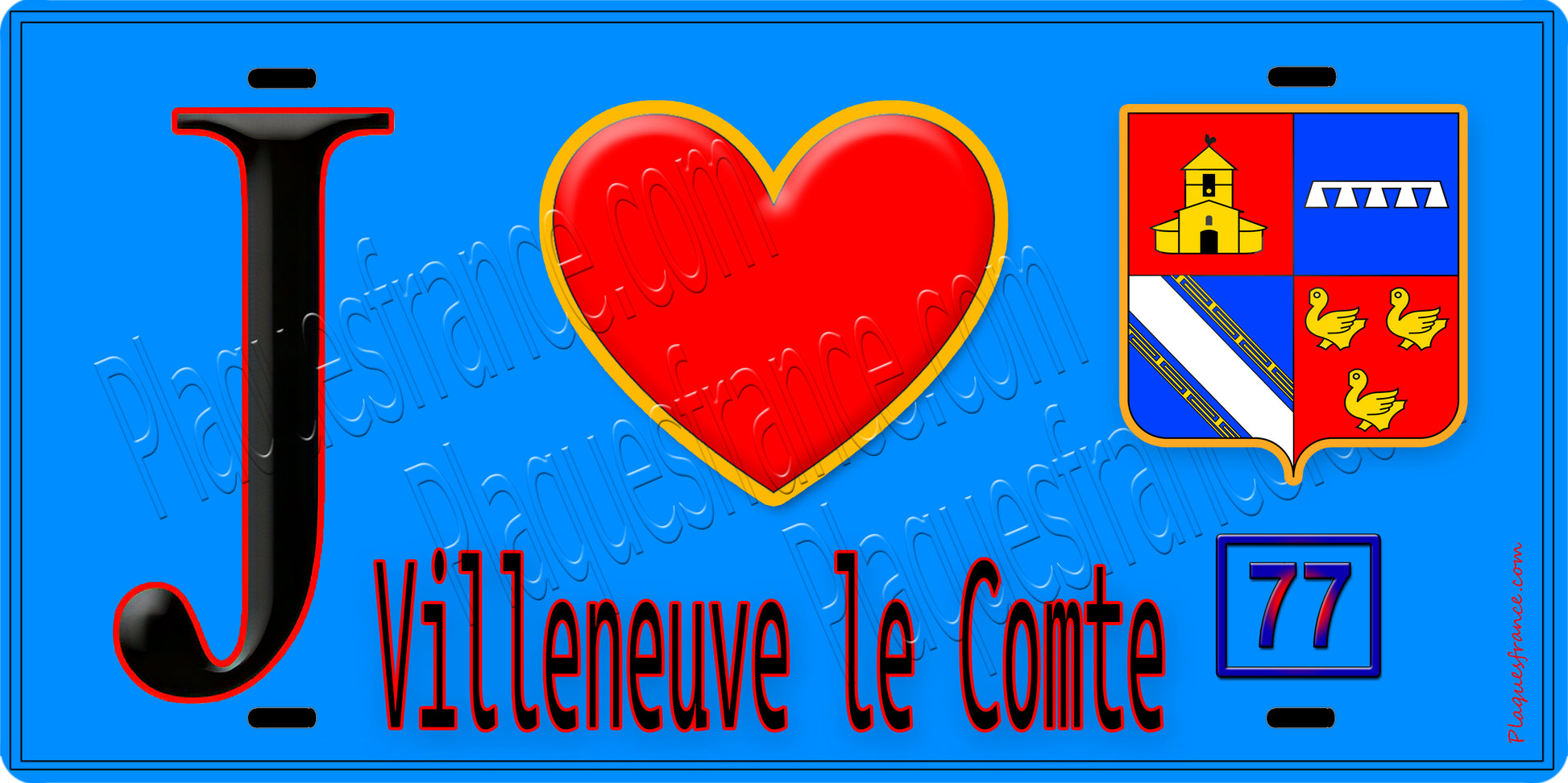 Plaque métal décorative  J' ❤️Villeneuve-le-Comte, Seine et Marne (77) fond bleu