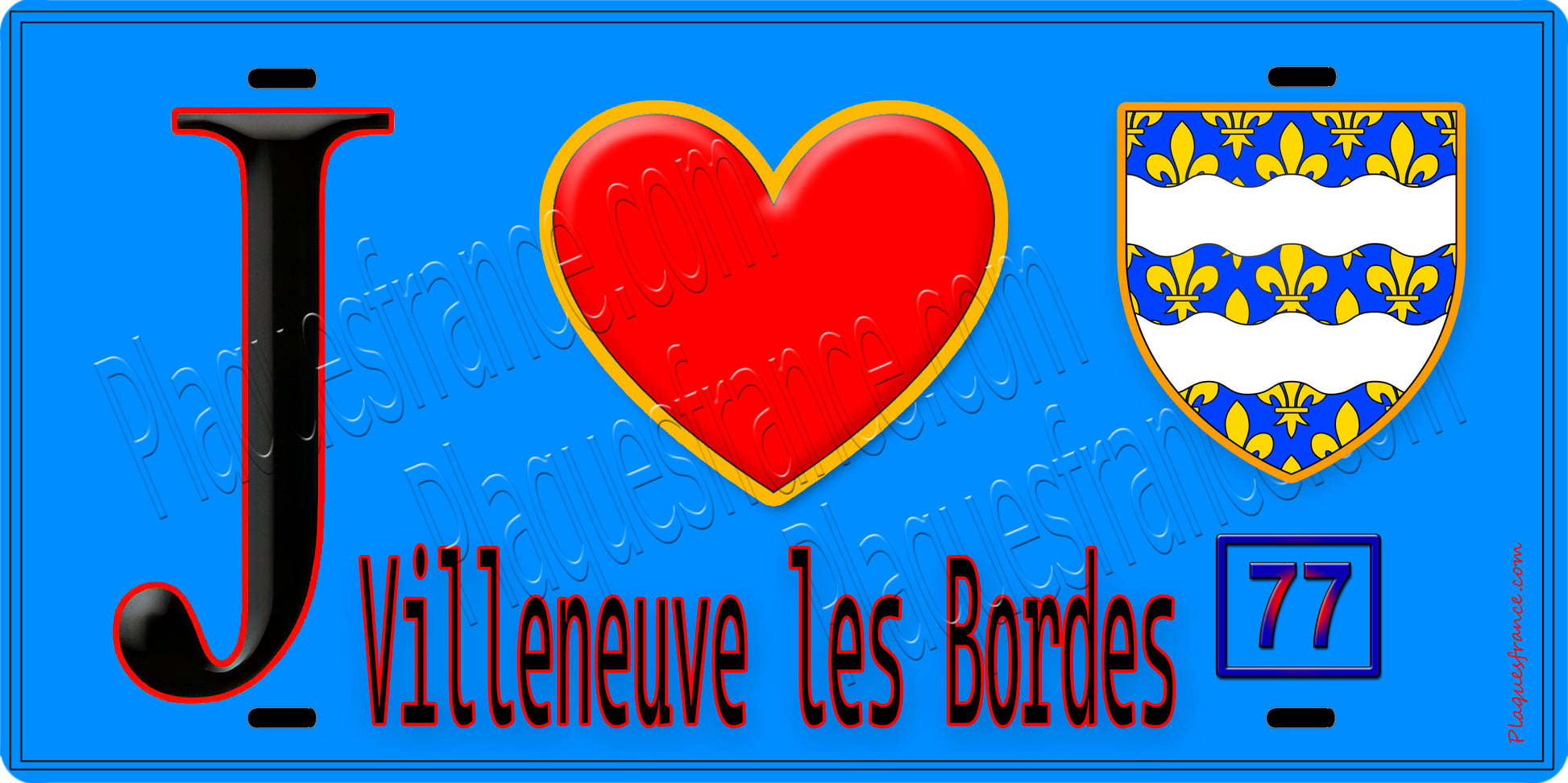 Plaque métal décorative  J' ❤️Villeneuve-les-Bordes, Seine et Marne (77) fond bleu