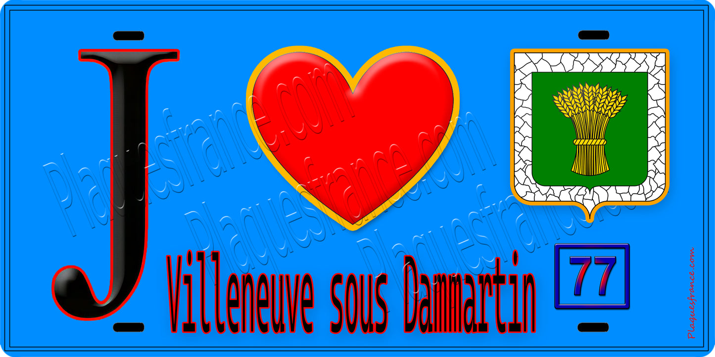 Plaque métal décorative  J' ❤️Villeneuve-sous-Dammartin, Seine et Marne (77) fond bleu