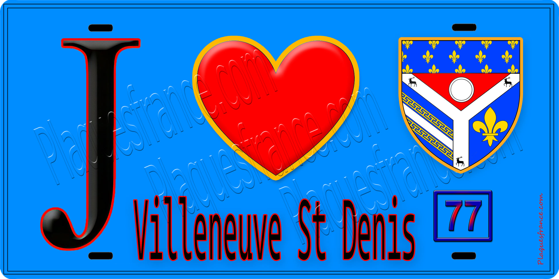 Plaque métal décorative  J' ❤️Villeneuve-Saint-Denis, Seine et Marne (77) fond bleu