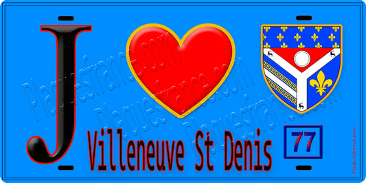 Plaque métal décorative  J' ❤️Villeneuve-Saint-Denis, Seine et Marne (77) fond bleu