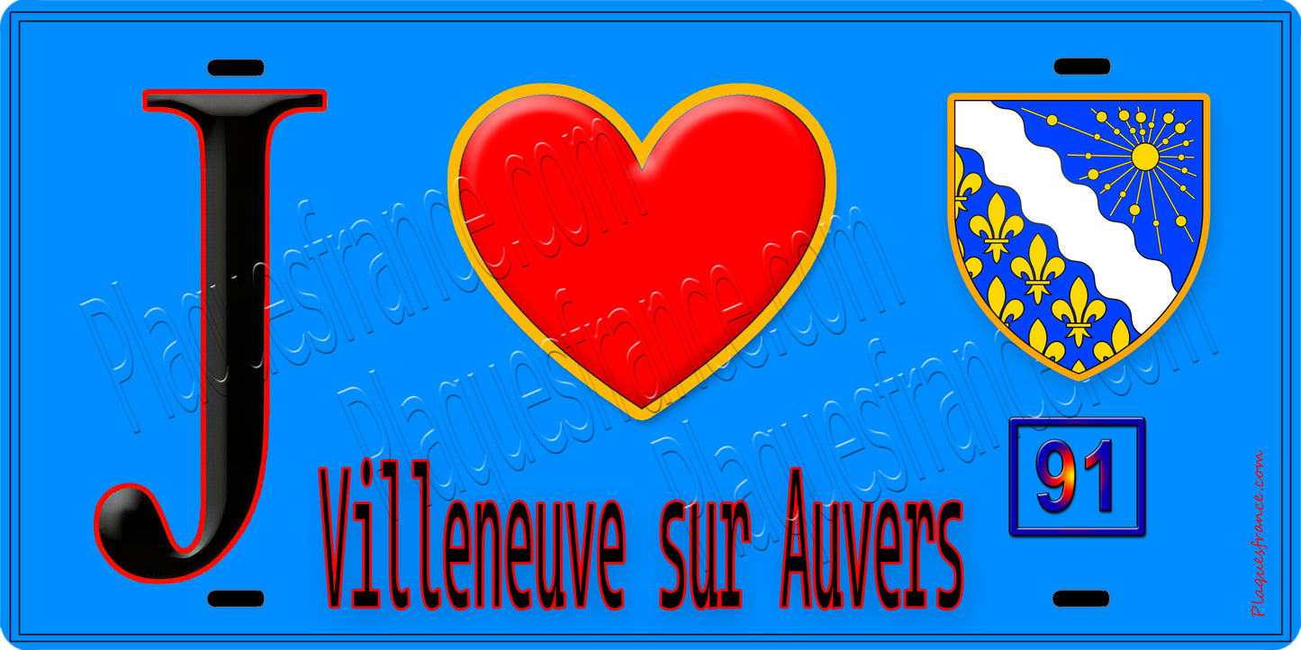 Plaque métal décorative  J' ❤️Villeneuve-sur-Auvers, Essonne (91) fond bleu
