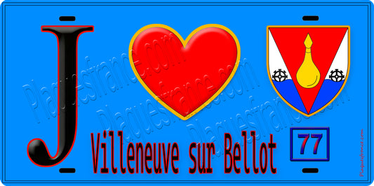Plaque métal décorative  J' ❤️Villeneuve-sur-Bellot, Seine et Marne (77) fond bleu