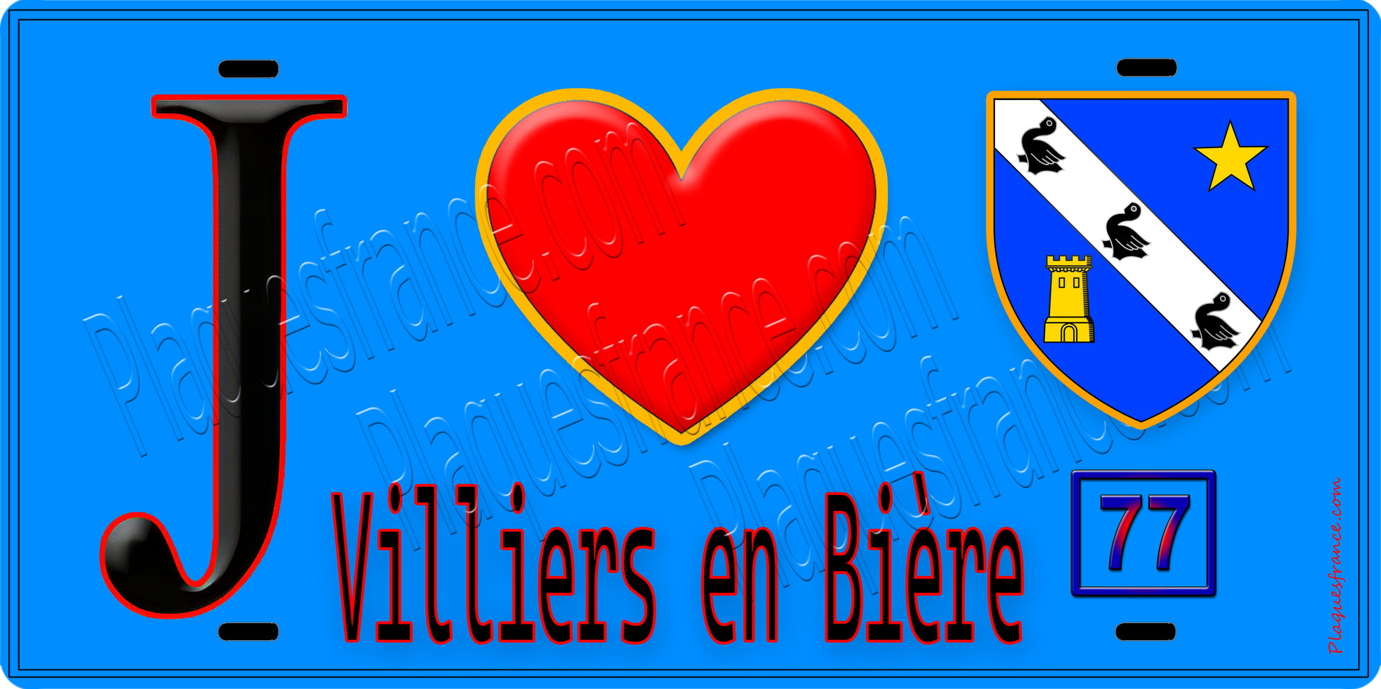 Plaque métal décorative  J' ❤️Villiers-en-Bière, Seine et Marne (77) fond bleu