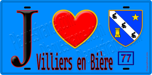 Plaque métal décorative  J' ❤️Villiers-en-Bière, Seine et Marne (77) fond bleu