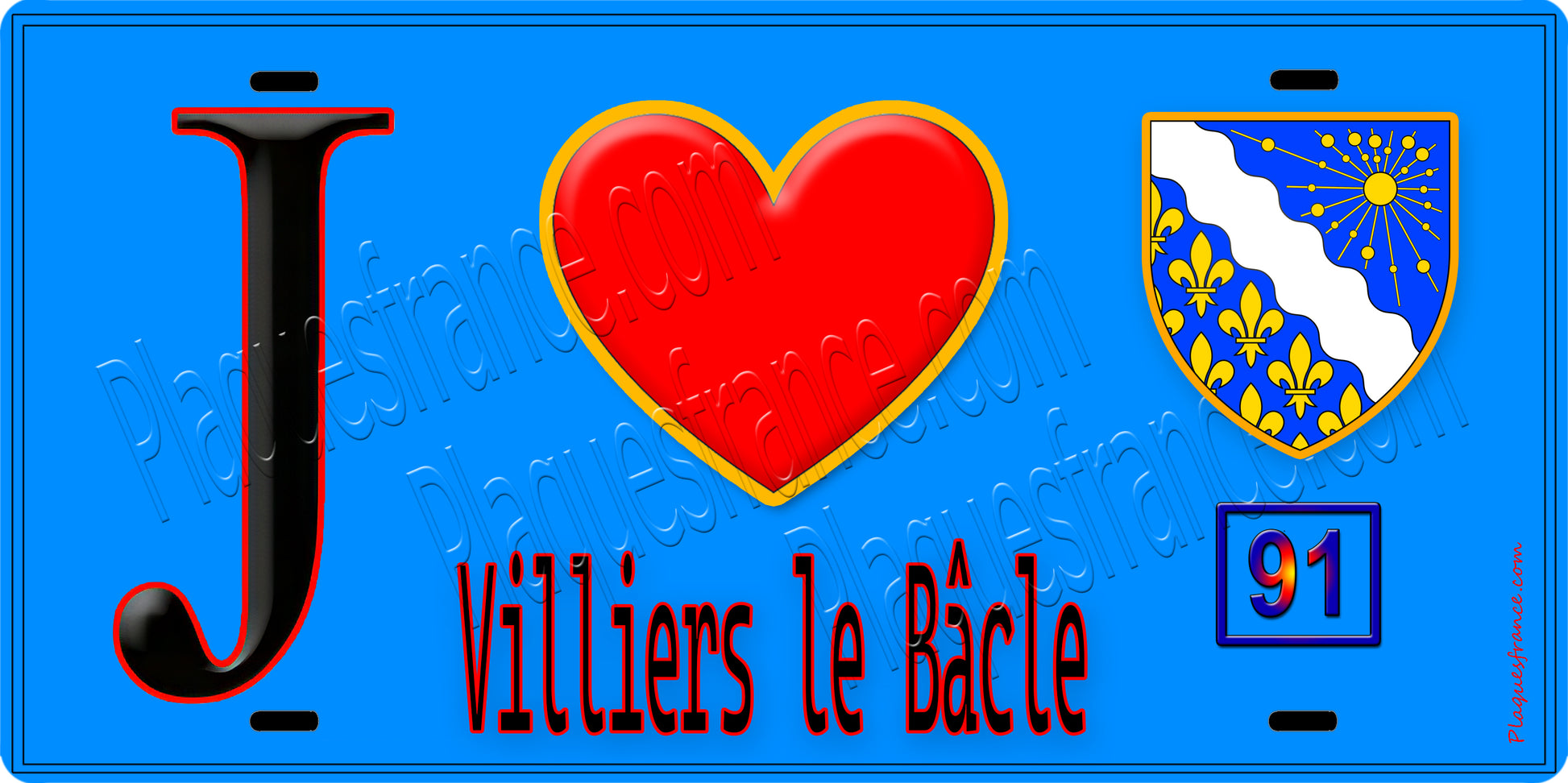 Plaque métal décorative  J' ❤️Villiers-le-Bâcle, Essonne (91) fond bleu