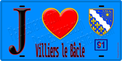 Plaque métal décorative  J' ❤️Villiers-le-Bâcle, Essonne (91) fond bleu