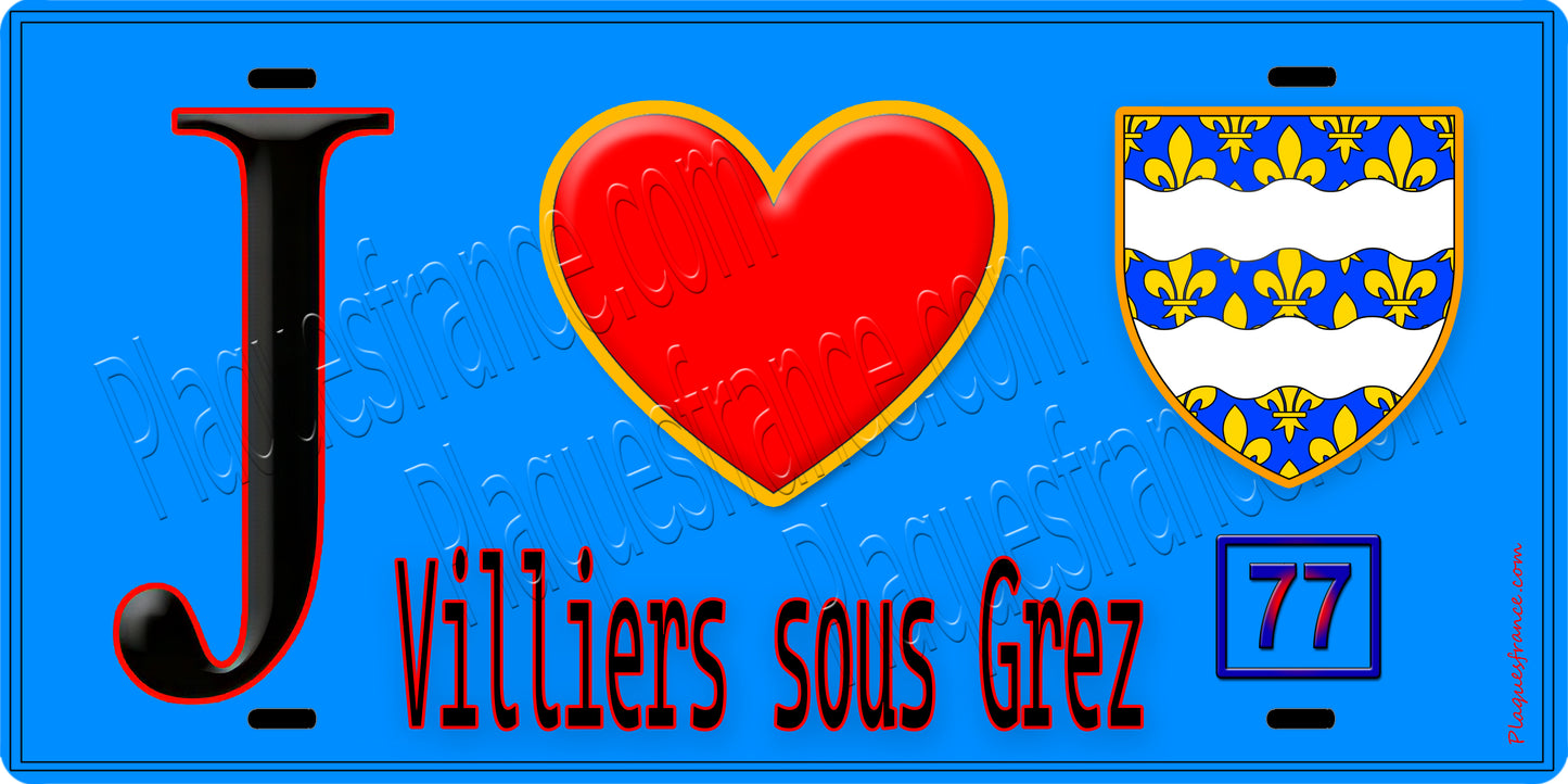 Plaque métal décorative  J' ❤️Villiers-sous-Grez, Seine et Marne (77) fond bleu