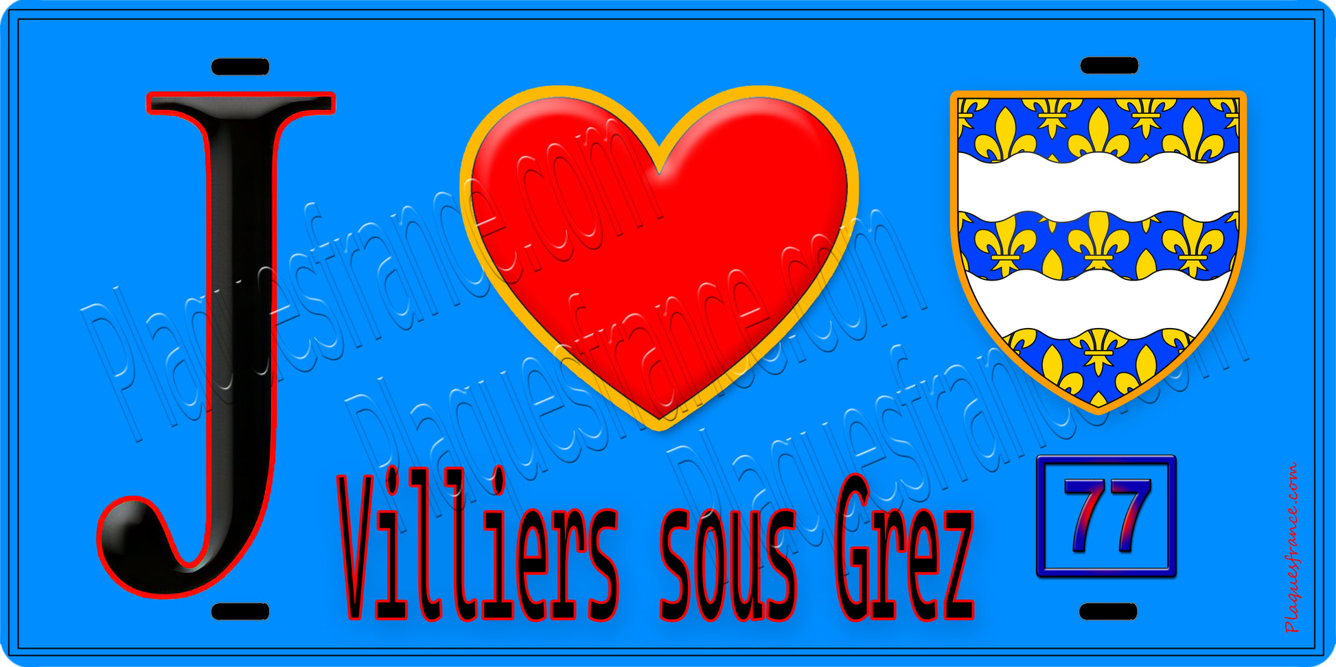 Plaque métal décorative  J' ❤️Villiers-sous-Grez, Seine et Marne (77) fond bleu