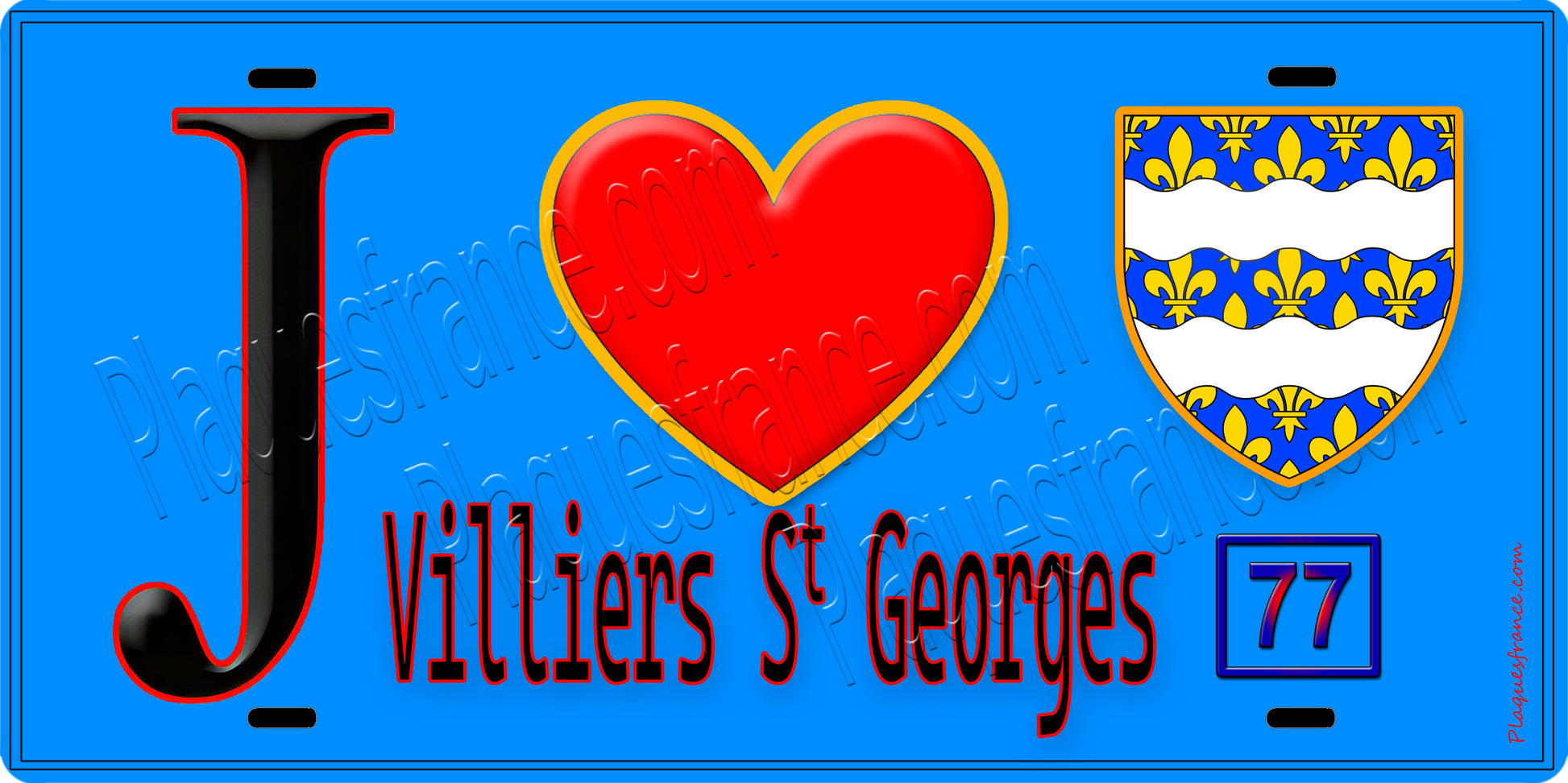 Plaque métal décorative  J' ❤️Villiers-Saint-Georges, Seine et Marne (77) fond bleu