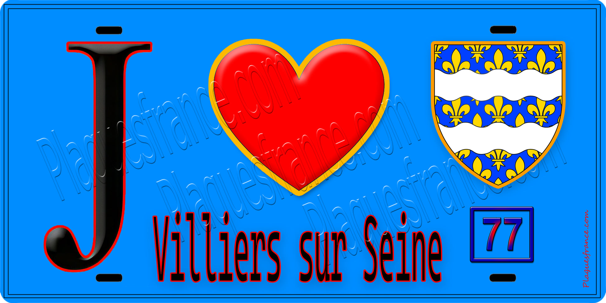 Plaque métal décorative  J' ❤️Villiers-sur-Seine, Seine et Marne (77) fond bleu