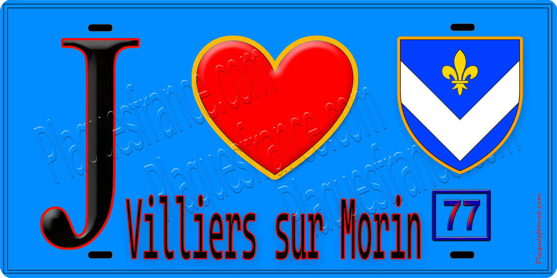 Plaque métal décorative  J' ❤️Villiers-sur-Morin, Seine et Marne (77) fond bleu