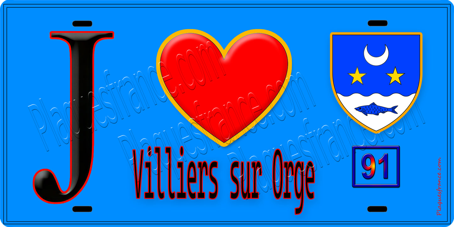 Plaque métal décorative  J' ❤️Villiers-sur-Orge, Essonne (91) fond bleu