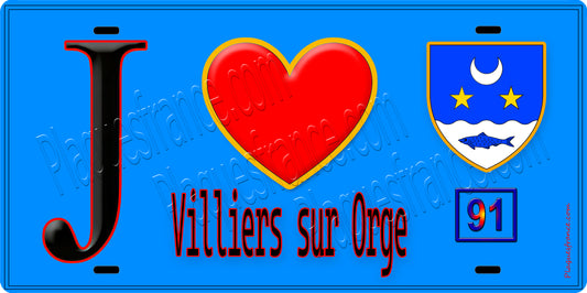 Plaque métal décorative  J' ❤️Villiers-sur-Orge, Essonne (91) fond bleu