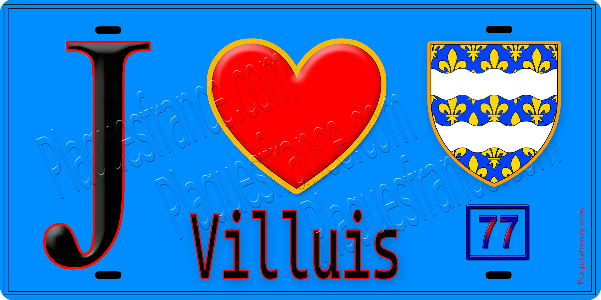 Plaque métal décorative  J' ❤️Villuis, Seine et Marne (77) fond bleu