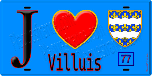 Plaque métal décorative  J' ❤️Villuis, Seine et Marne (77) fond bleu