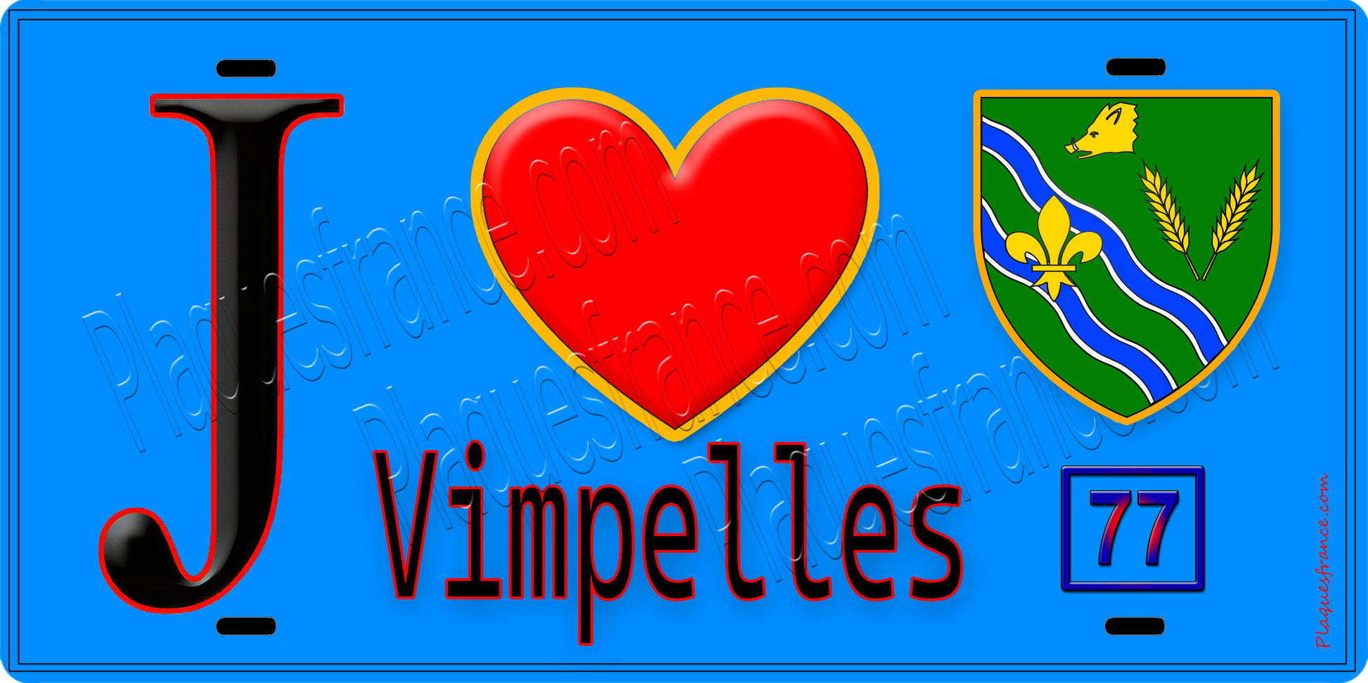 Plaque métal décorative  J' ❤️Vimpelles, Seine et Marne (77) fond bleu
