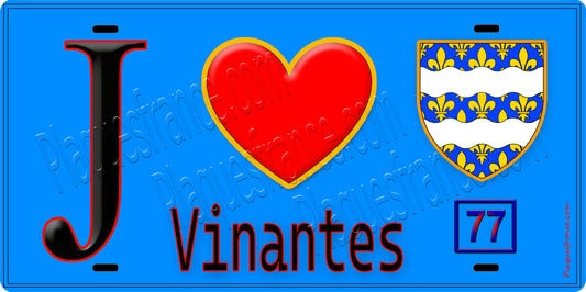 Plaque métal décorative  J' ❤️Vinantes, Seine et Marne (77) fond bleu