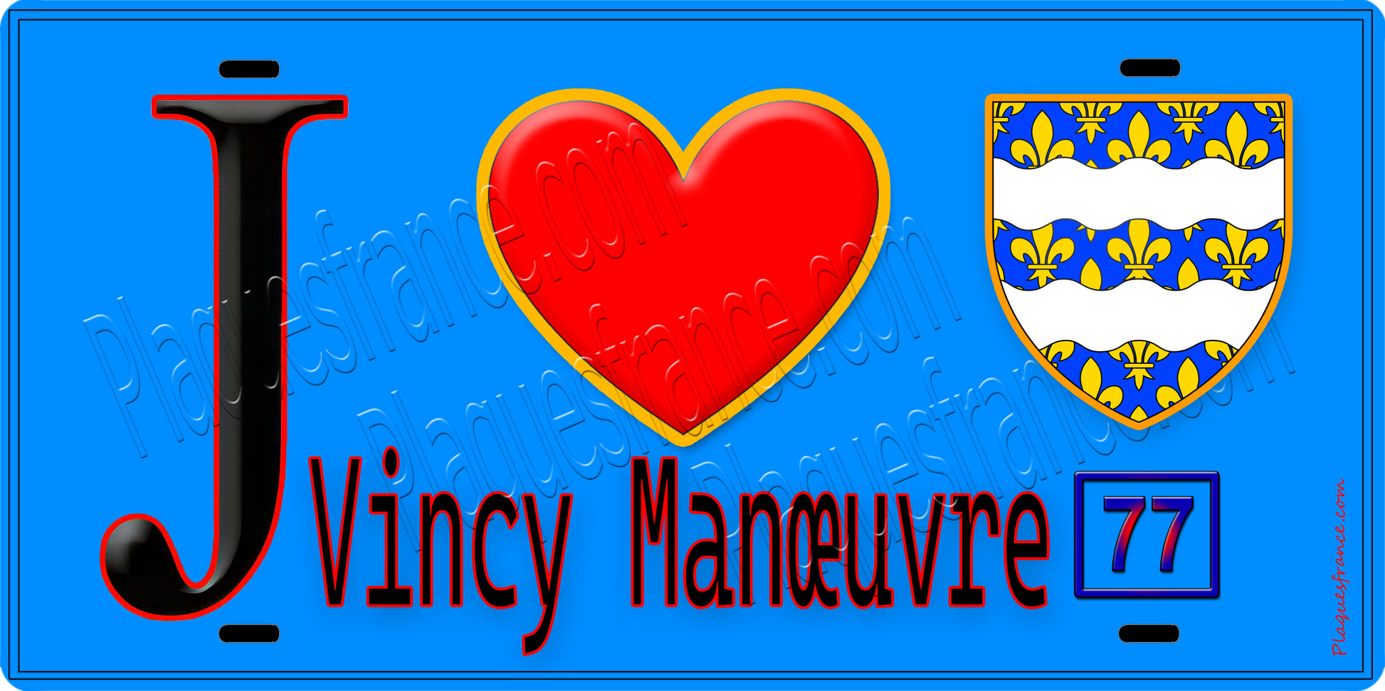 Plaque métal décorative  J' ❤️Vincy-Manœuvre, Seine et Marne (77) fond bleu
