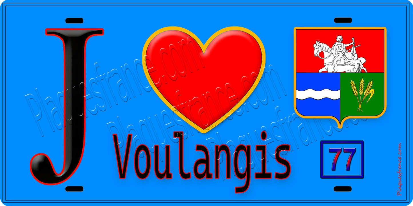 Plaque métal décorative  J' ❤️Voulangis, Seine et Marne (77) fond bleu