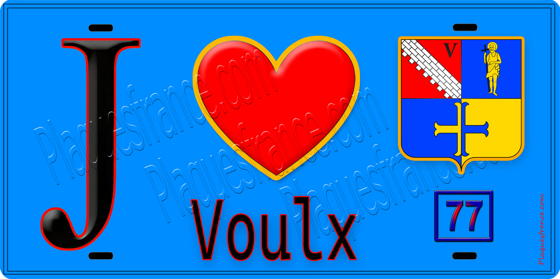 Plaque métal décorative  J' ❤️Voulx, Seine et Marne (77) fond bleu