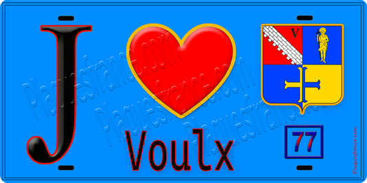 Plaque métal décorative  J' ❤️Voulx, Seine et Marne (77) fond bleu