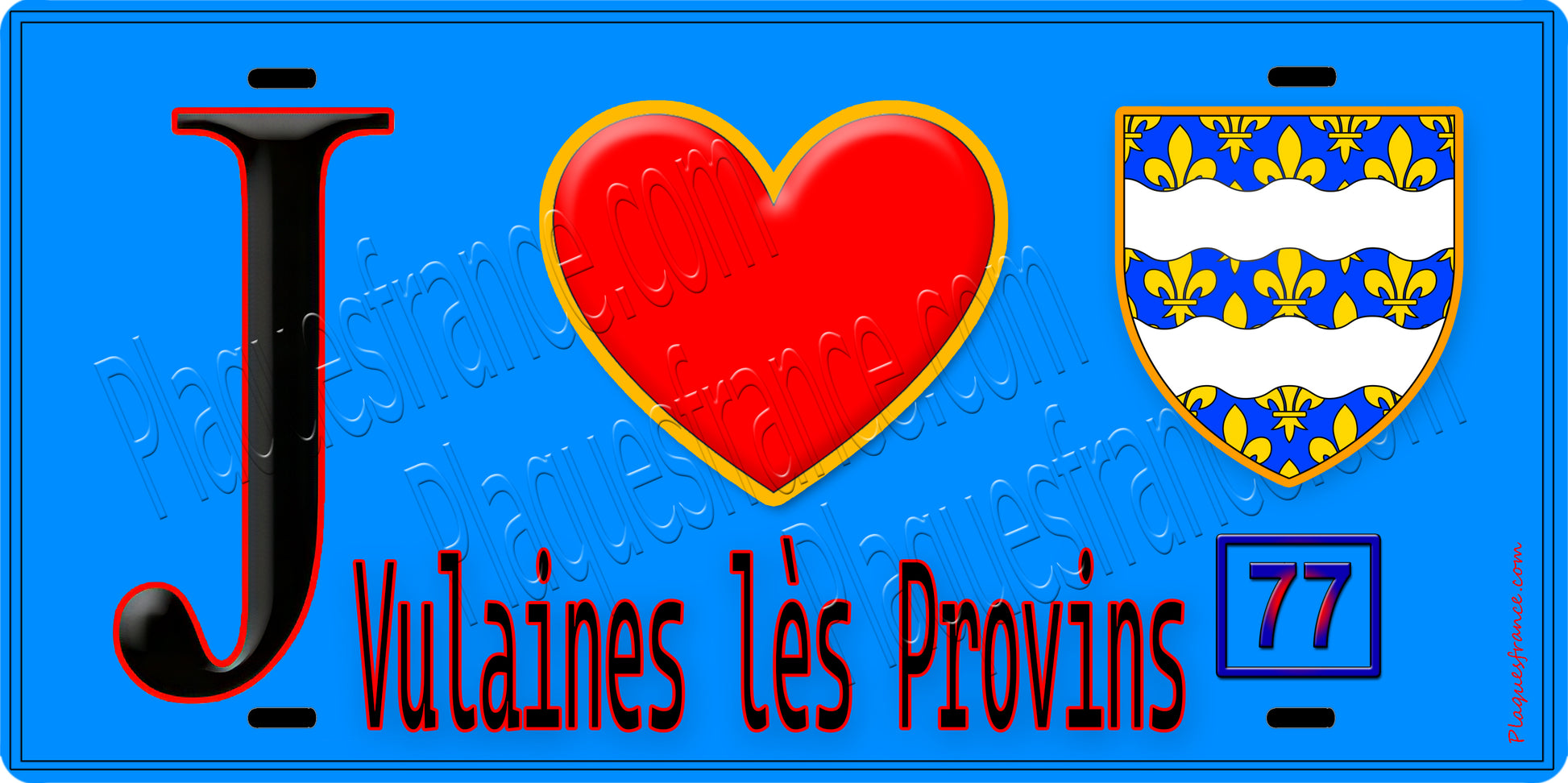 Plaque métal décorative  J' ❤️Vulaines-lès-Provins, Seine et Marne (77) fond bleu